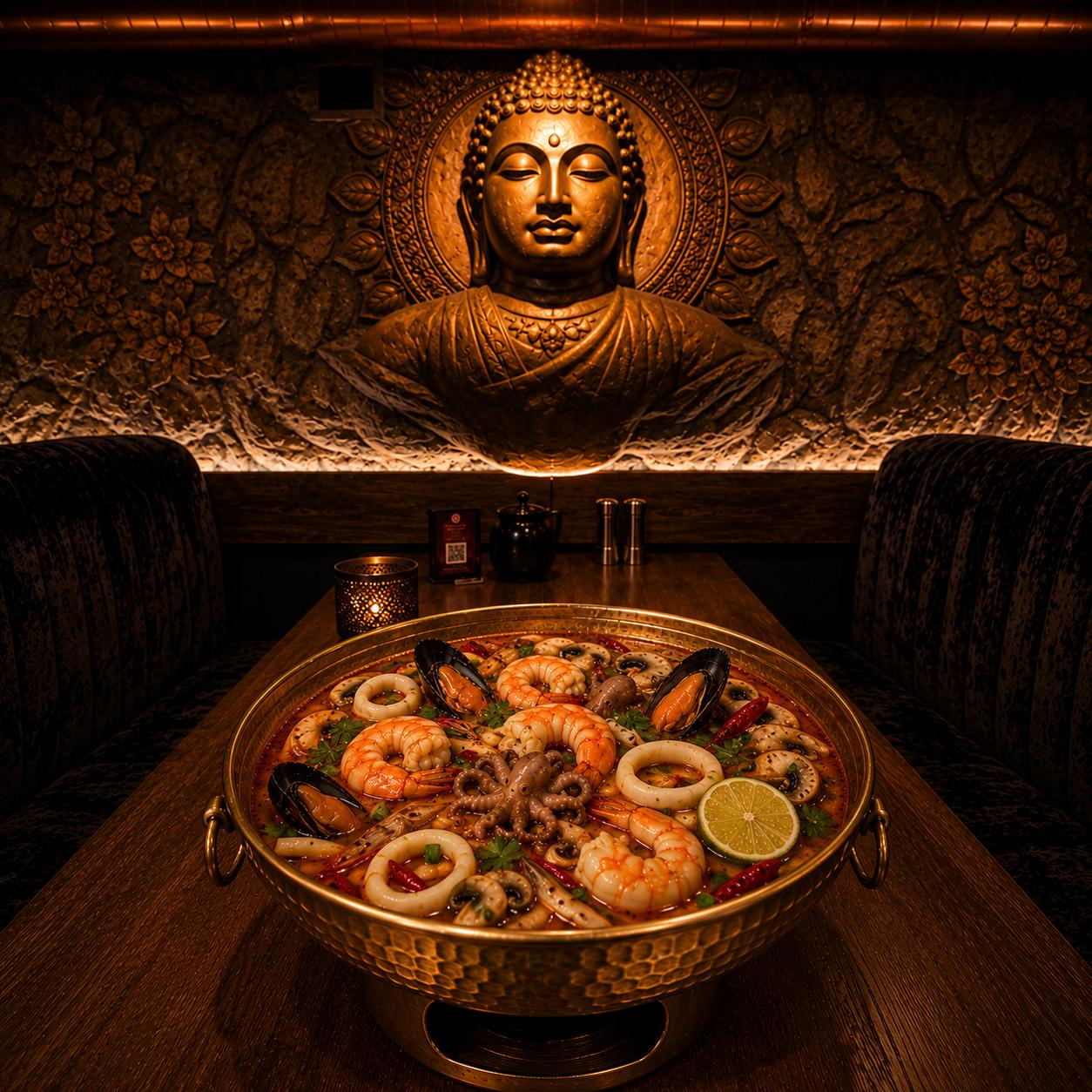 Тайский суп с морепродуктами в интерьере ресторана Thai Keen